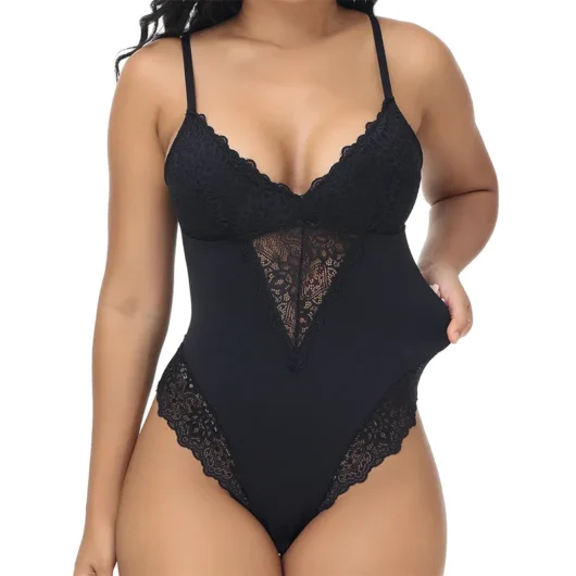 Plus Size Lace Bodysuit Shapewear with Sexy Suspender Straps