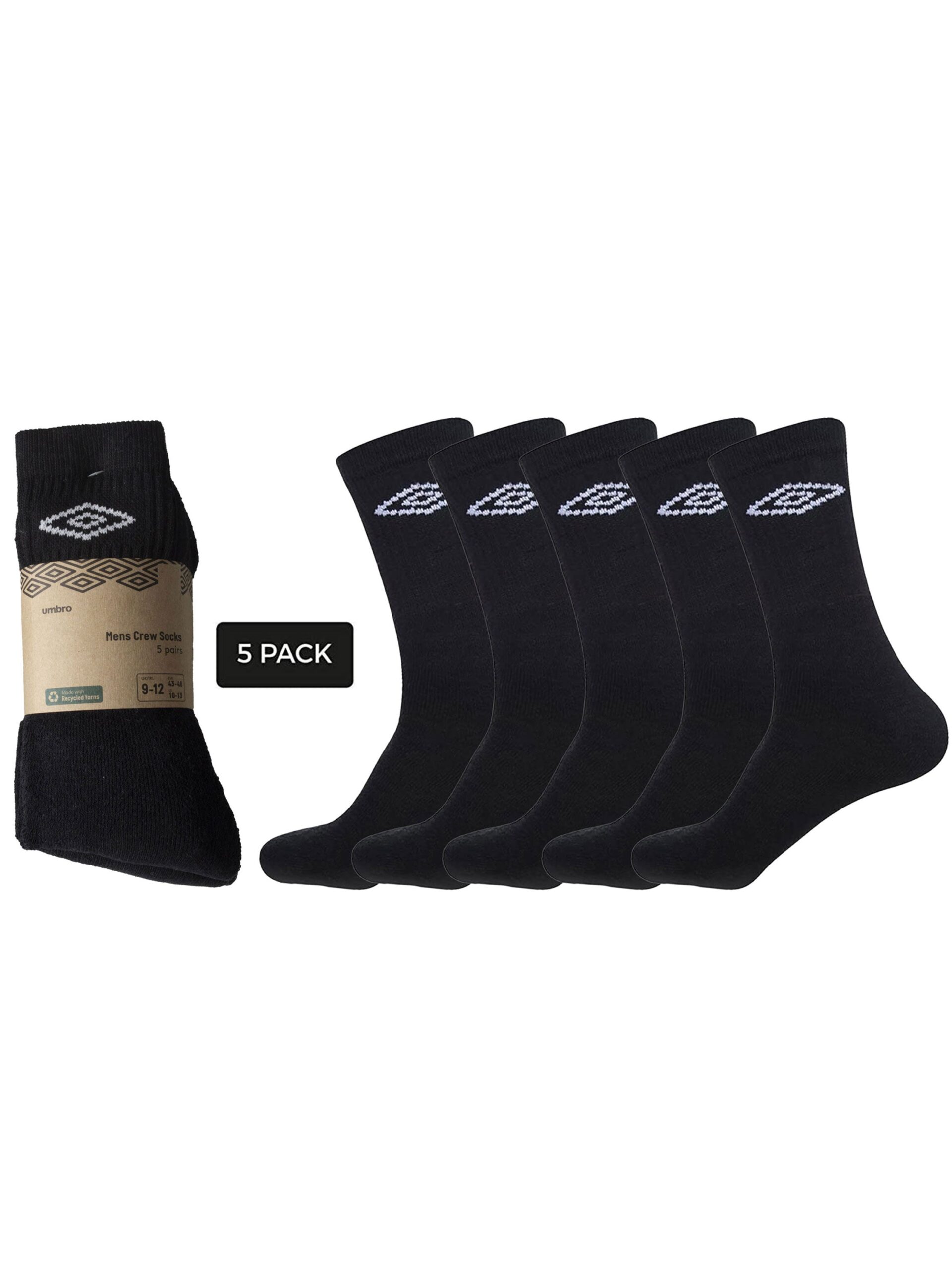 Mens Umbro Crew Socks | 5 Pairs - Black / UK 6-8