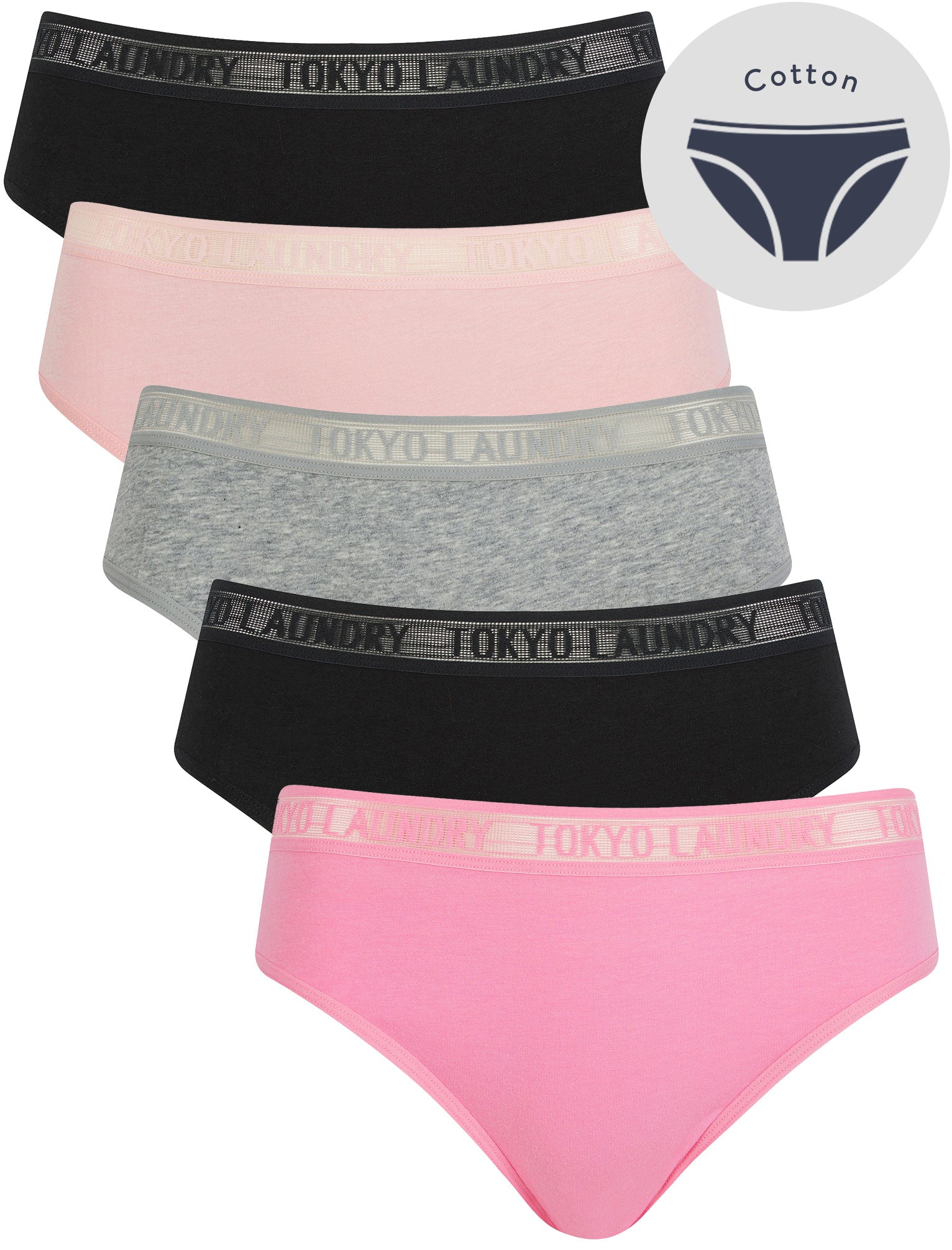 Womens Underwear Ayla 4 (5 Pack) Cotton Assorted Briefs with Mesh Waistband in Moonlight Mauve / Jet Black / Light Grey Marl / Bleached Mauve / XS - Tokyo Laundry
