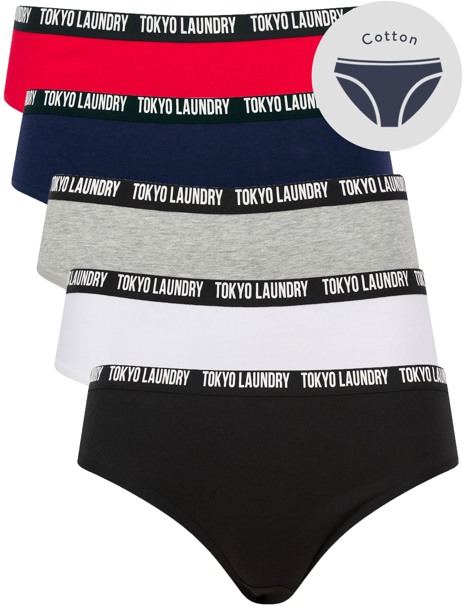 Womens Underwear Zara 15 (5 Pack) Assorted Stretch Cotton Briefs in Jet Black / Bright White / Light Grey Marl / Peacoat Blue / Chinese Red / XS - Tokyo Laundry